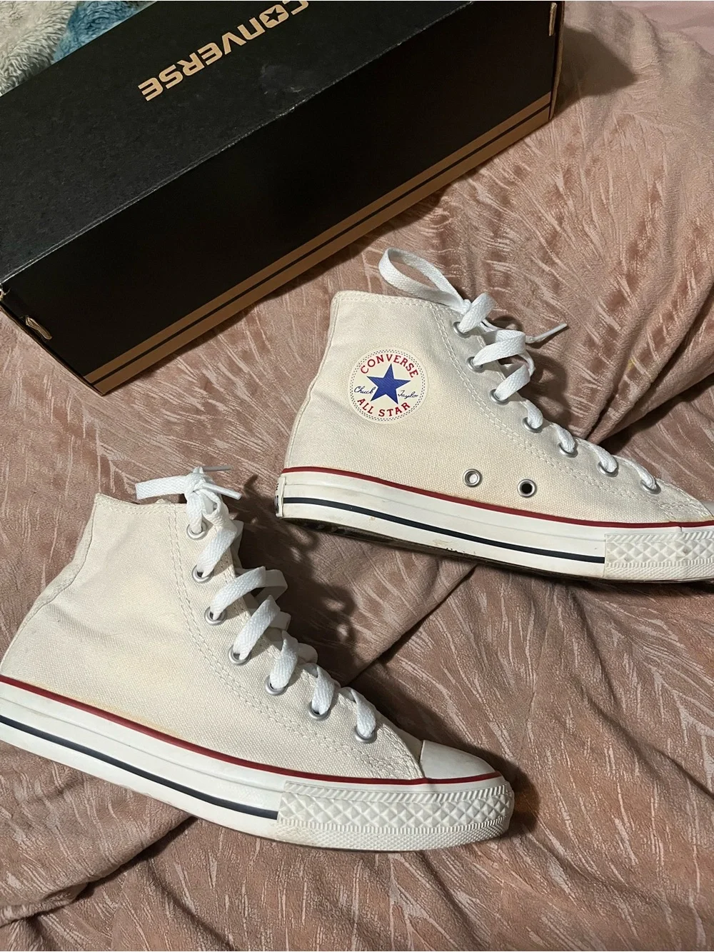 Converse Cream/Off-White High Top Kids Sneakers with Red & Navy Stripe